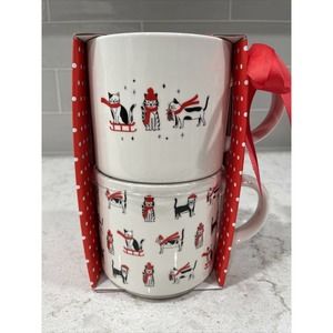 Set 2 WINTER CATS 16oz Mug Gift Box 2-Sided Stackable Mugs Christmas Holiday Cat